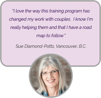 I love the way this training program has changed my work with couples. I know I’m really helping them and that I have a road map to follow. ‘Sue Diamond-Potts, Vancouver, B.C.’